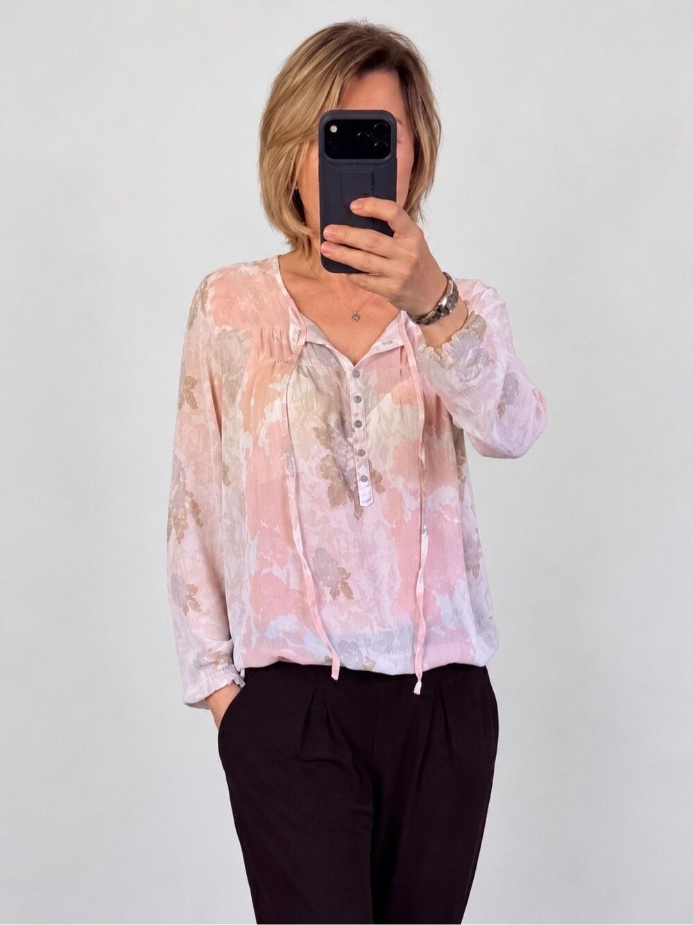 Charming Charlie Sheer Chiffon Blouse Boho Tie Neck Lightweight Size M